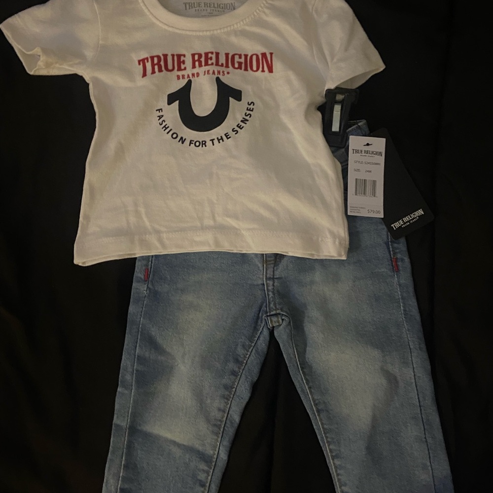 True Religion White T-Shirt and Blue Jeans 2pc baby Set